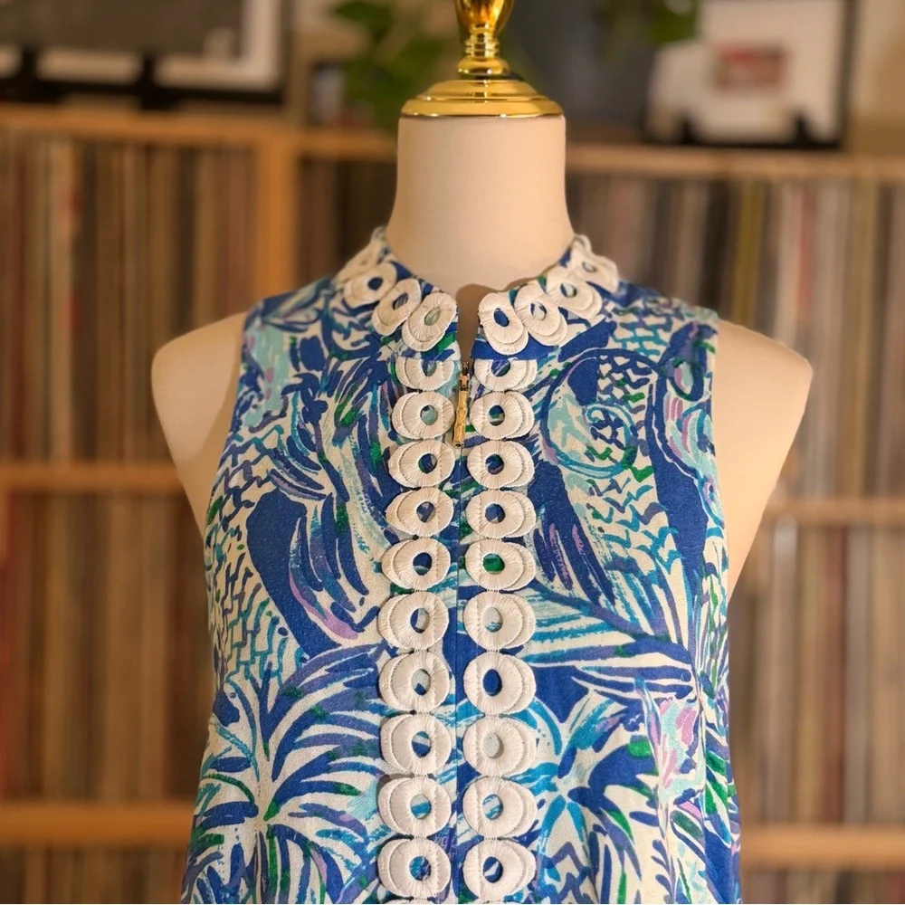 Lilly Pulitzer Jane Blue & Green Retro Size 6 Mod Dress White Trim Gold Zipper - Picture 3 of 9